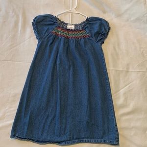 Hanna Anderson Cap Sleeve 130 Denim dress with rainbow embroidery